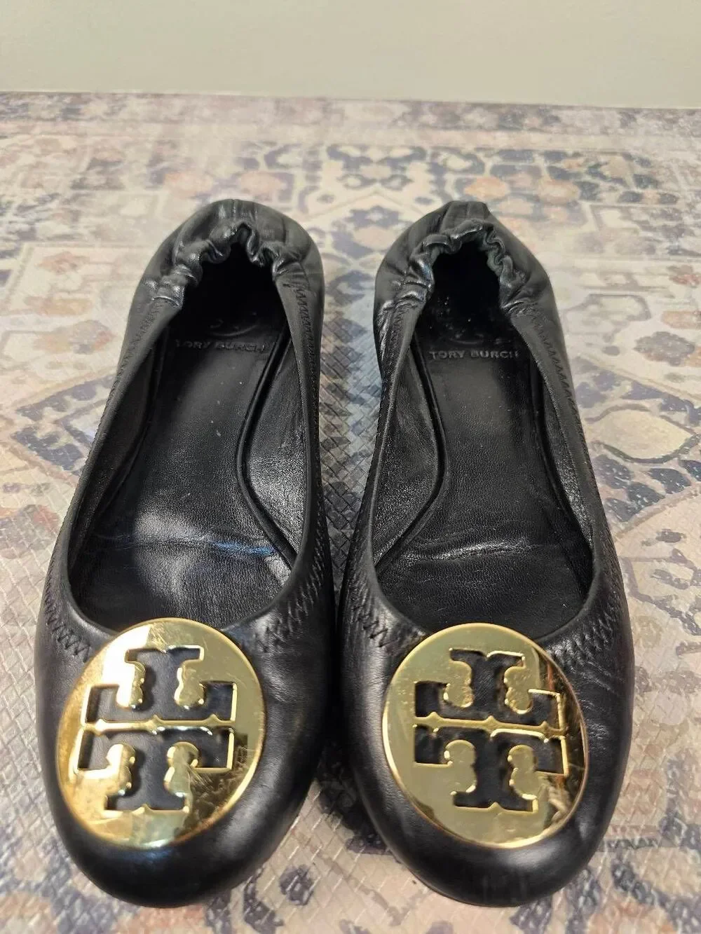Tory Burch Reva Black Genuine Leather Gold Logo Emblem Ballet Flats Shoes 6 M